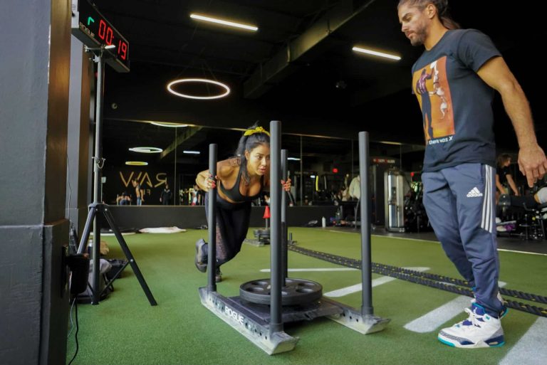Woman Pushing Weights In The Gym